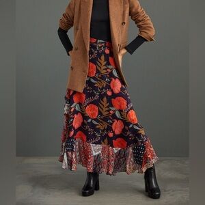 Anthropologie Floral Ruffled Maxi Skirt - size large